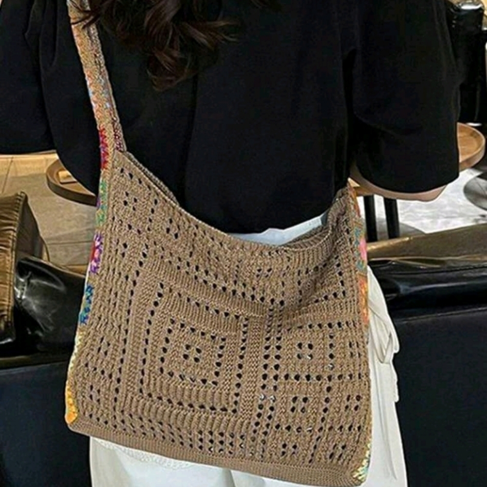 🌻Host Pick🌻Vintage Boho Crochet Shoulder Bag Brown Multicolor Floral Accents - Picture 4 of 10